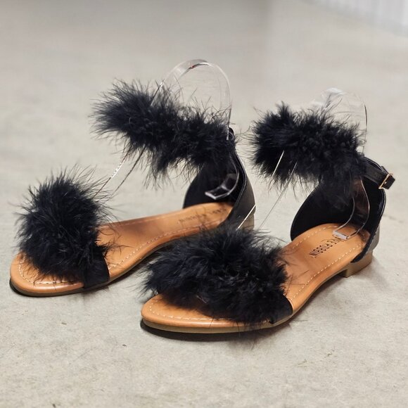 Shoes - Faux Fur Black Ankle Strap Flat Sandals